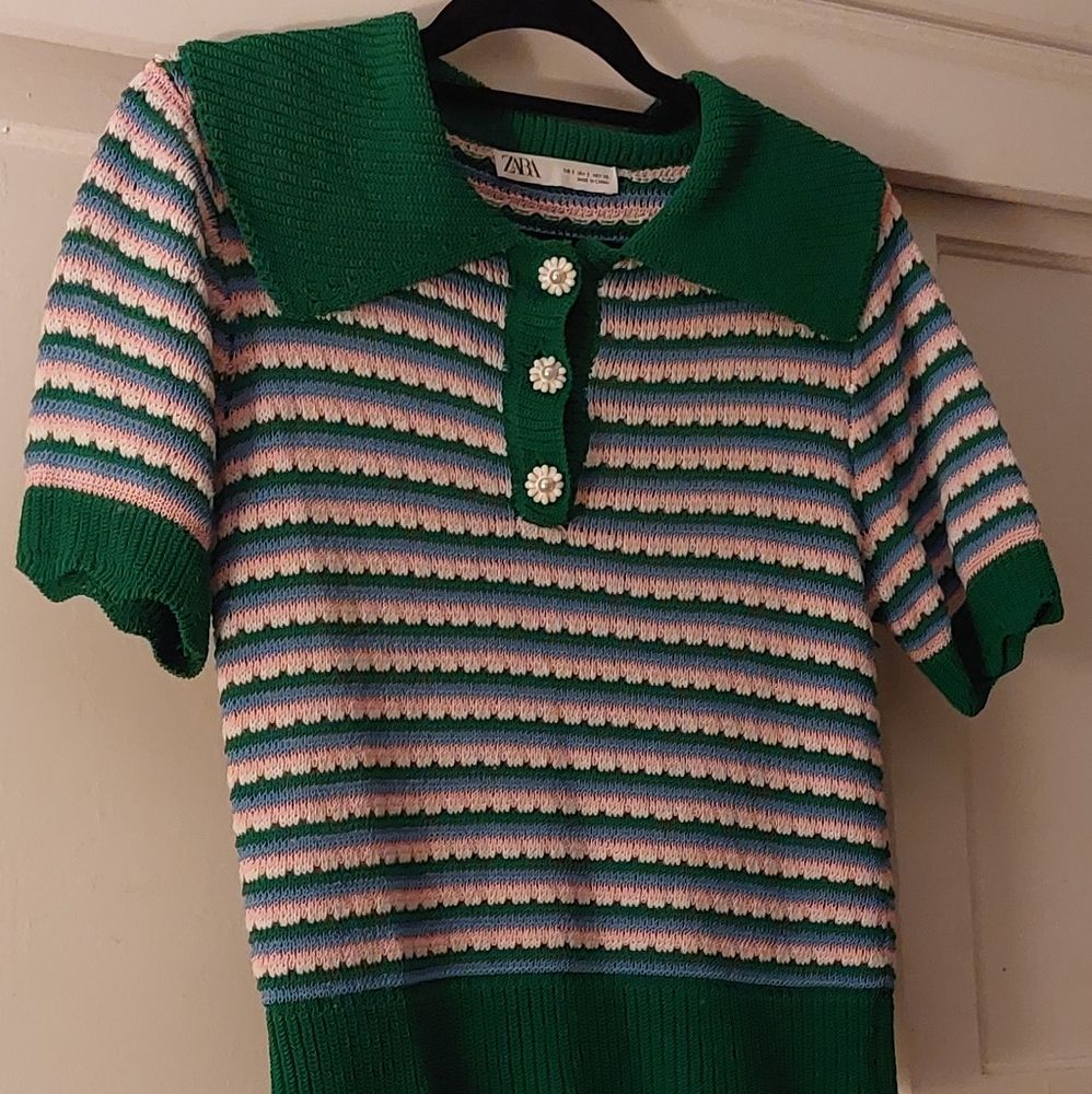 Zara NWT Jewel Button Striped Knit Polo